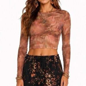 NEW Q Floral Mesh Abstract Long Sleeve Sheer Crop Top Mauve Med Boho